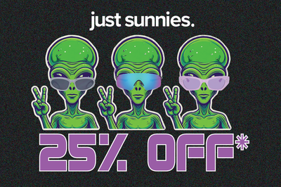 Just Sunnies logo with Aliens wearing sunglasses.