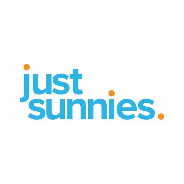 Just Sunnies logo in blue text